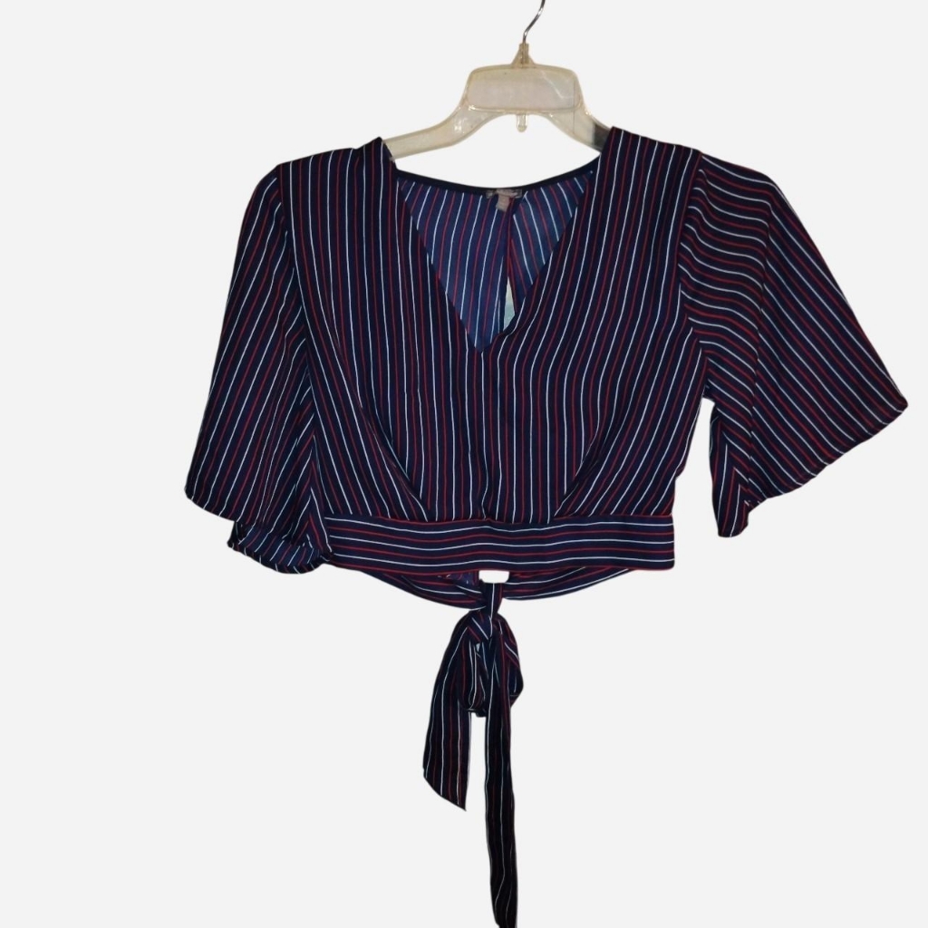 Charlotte Russe Nautical Striped Tie-Front Crop Top - Size Medium